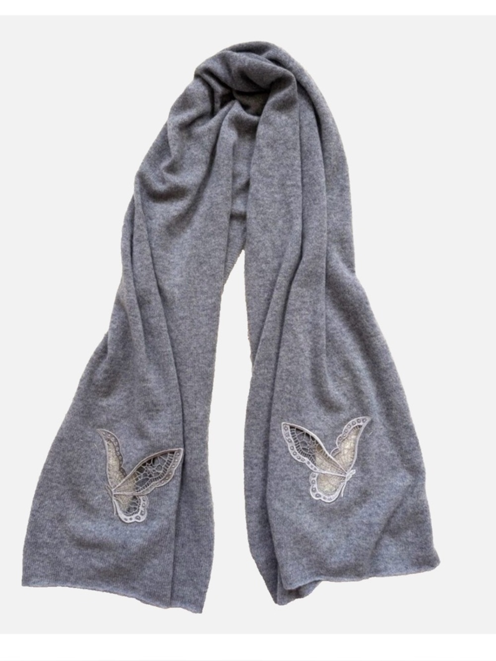 InCashmere 100% Cashmere Gray Butterfly Lace Scarf Wrap